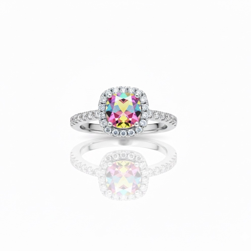 Multicolor Moissanite Halo Ring (White Gold Plated)